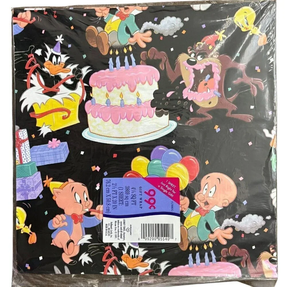 VTG 90s Looney Tunes Bugs Bunny Happy Birthday Gift Wrap NEW 4 1/6 SQ FT Warner